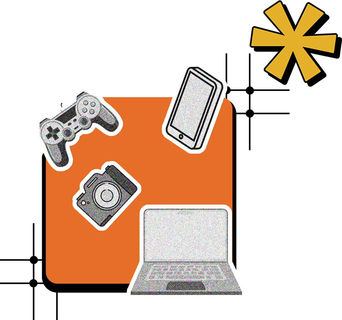 Illustration of a game controller, phone, camera and laptop on an orange tile